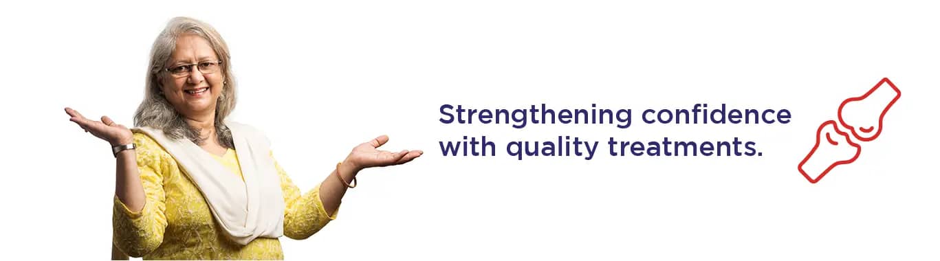 Healthy Grandma with text promoting Orthopaedics at Sriram Hospital, KR Puram, Bangalore
