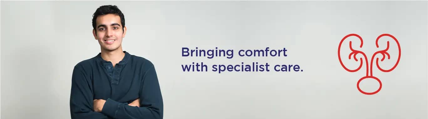 Healthy man smiling confidently with text promoting urology at Sriram Hospital, KR Puram, Bangalore